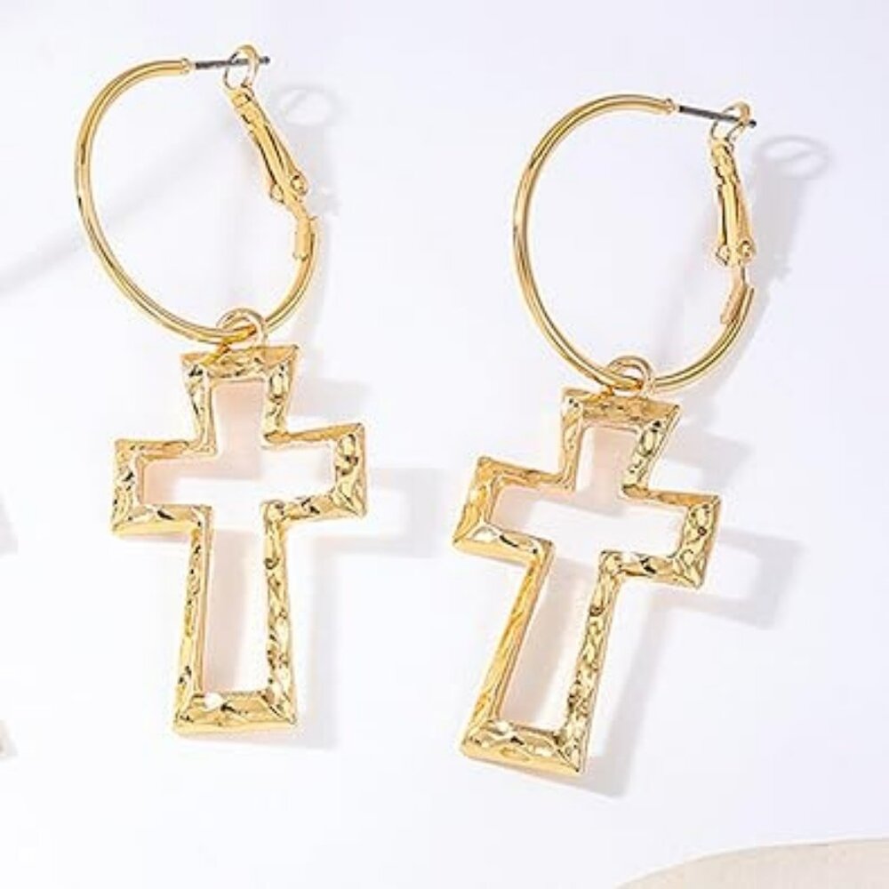 Chunky Gold Cross Earrings Boho Hammered Dangle